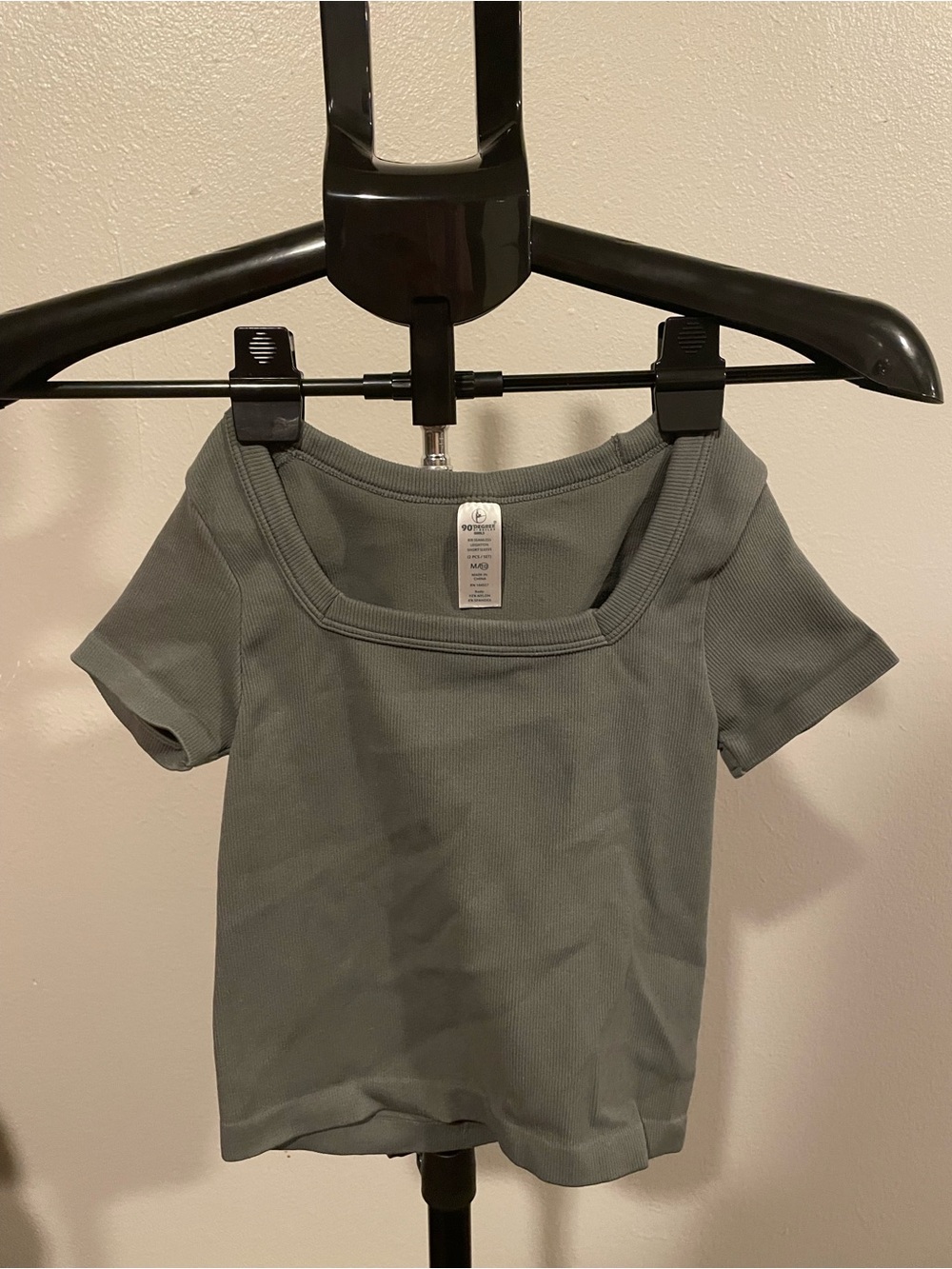 Ribbed Square-Neck Short Sleeve Top - Green/Gray